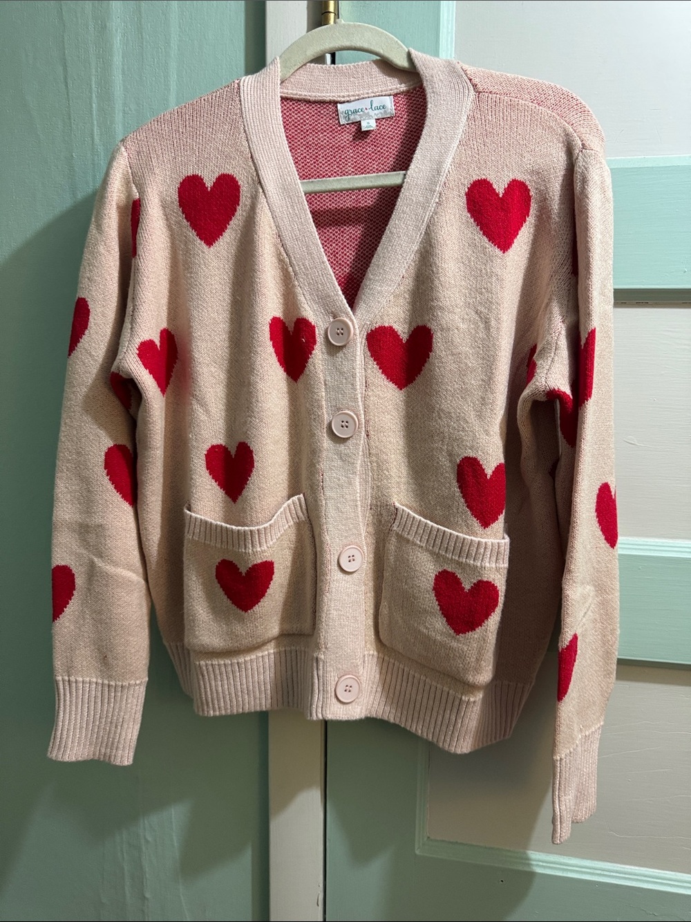 Grace & Lace Pink Heart Print Cardigan Sweater